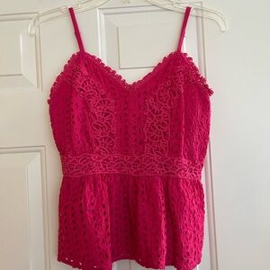 Jopan bright Fushia cotton crochet eyelet smocked back camo top. Size medium.